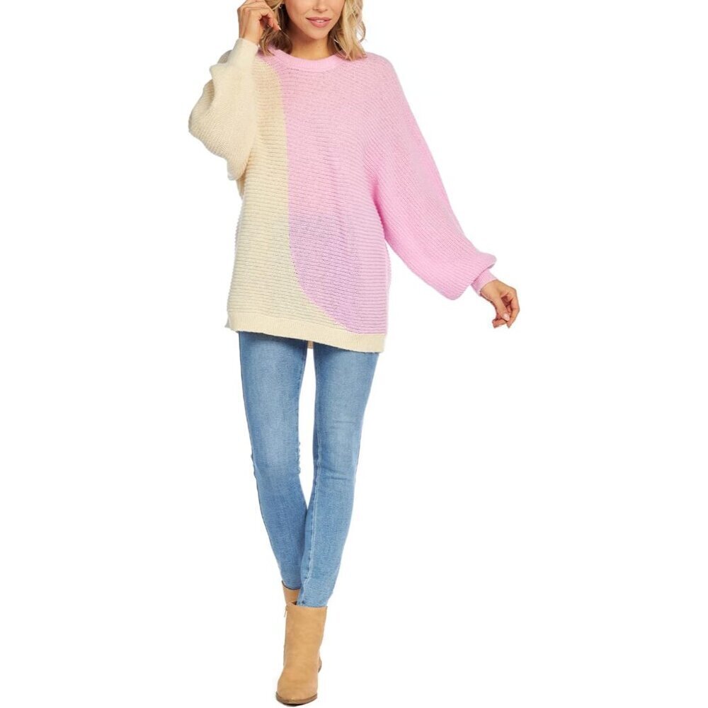 Womens Oversize Colorblock Sweater Polyester Fall Casual Pink Cream Large